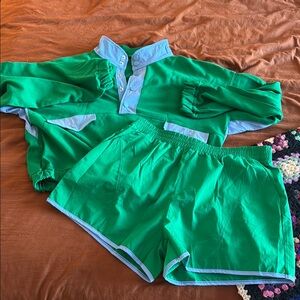 Green and Blue Button-Up Shirt and Shorts Set